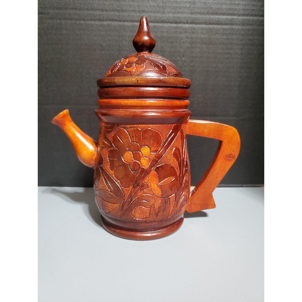 Hand‎ Carved Wood Teapot with Lid Rustic Floral Design Decorative Accent Piece